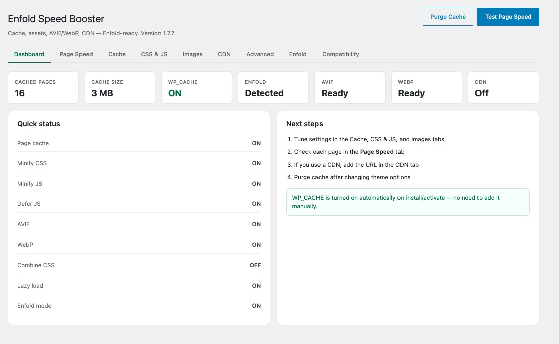 Speed Booster dashboard in WordPress: cached pages, WP_CACHE on, Enfold detected, AVIF and WebP ready