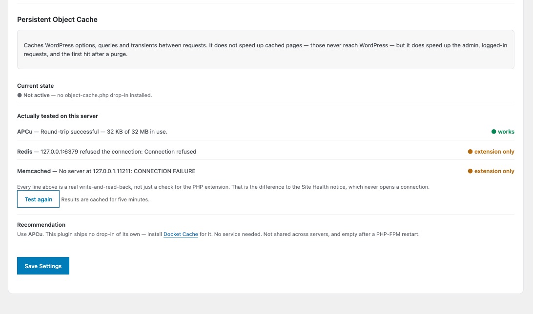 Object cache panel showing APCu working, Redis and Memcached extension only, plus a recommendation